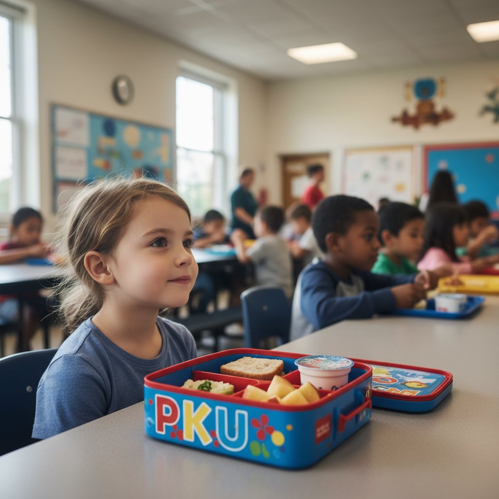 Dziecko z PKU patrzy na stołówkę szkolną, trzyma własny lunchbox z domowym jedzeniem