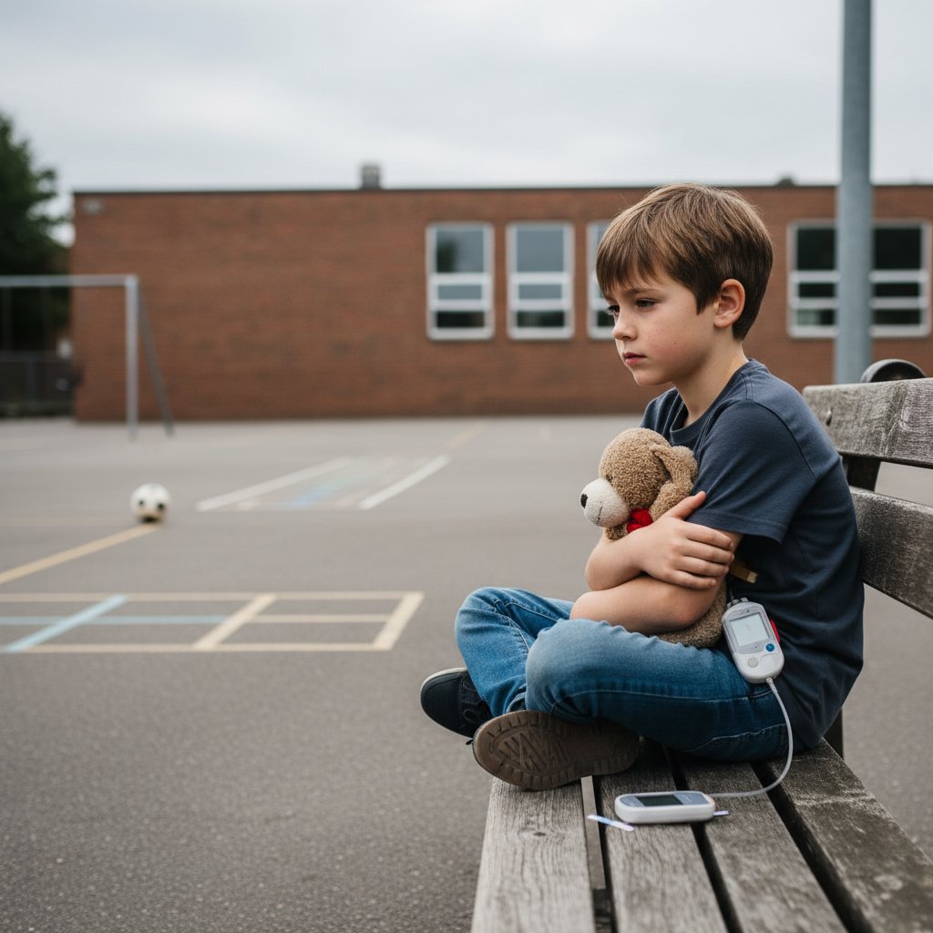 Dziecko z cukrzycą typu 1 siedzi samotnie na szkolnym boisku