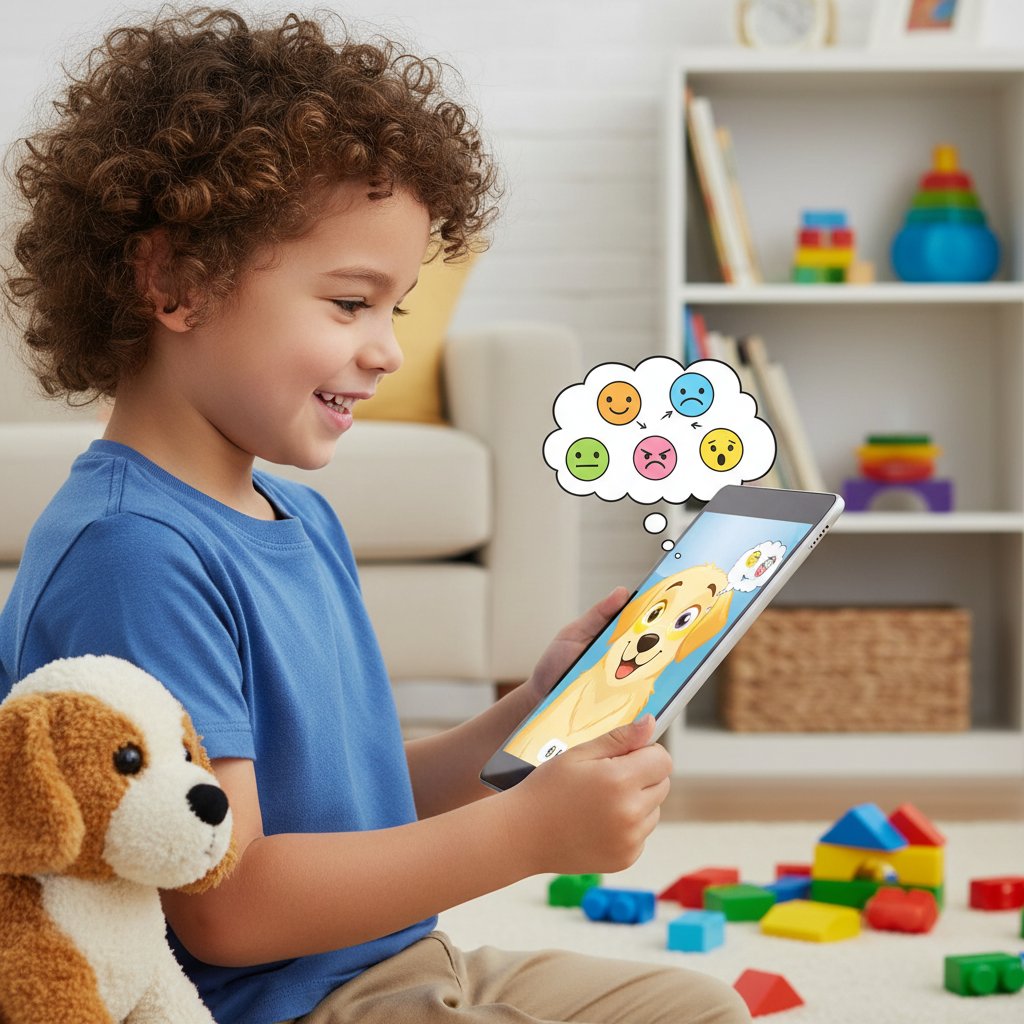 Dziecko uśmiechające się z tabletem, na ekranie wirtualny pies – emocje, zabawa, nauka
