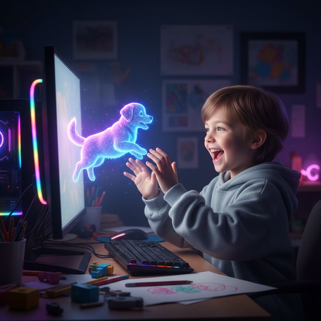 Dziecko uśmiechające się do wirtualnego psa na ekranie komputera