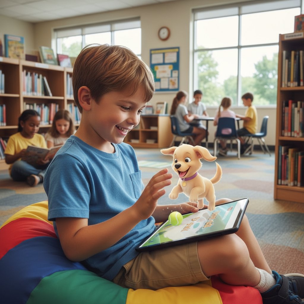 Dziecko z uśmiechem bawi się aplikacją symulującą psa na smartfonie w szkolnym otoczeniu