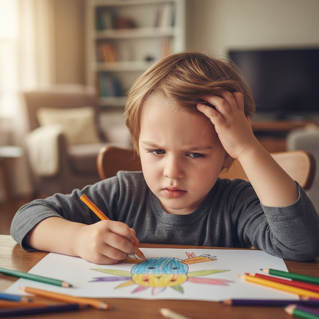 Dziecko mrużące jedno oko podczas rysowania w domu – subtelny objaw niedowidzenia trudny do zauważenia dla otoczenia