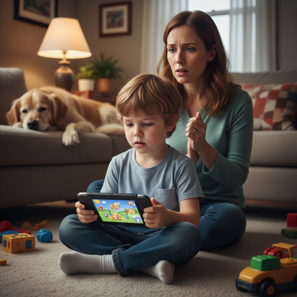 Dziecko zbyt długo wpatrujące się w ekran z grą o psach, obok zaniepokojony rodzic