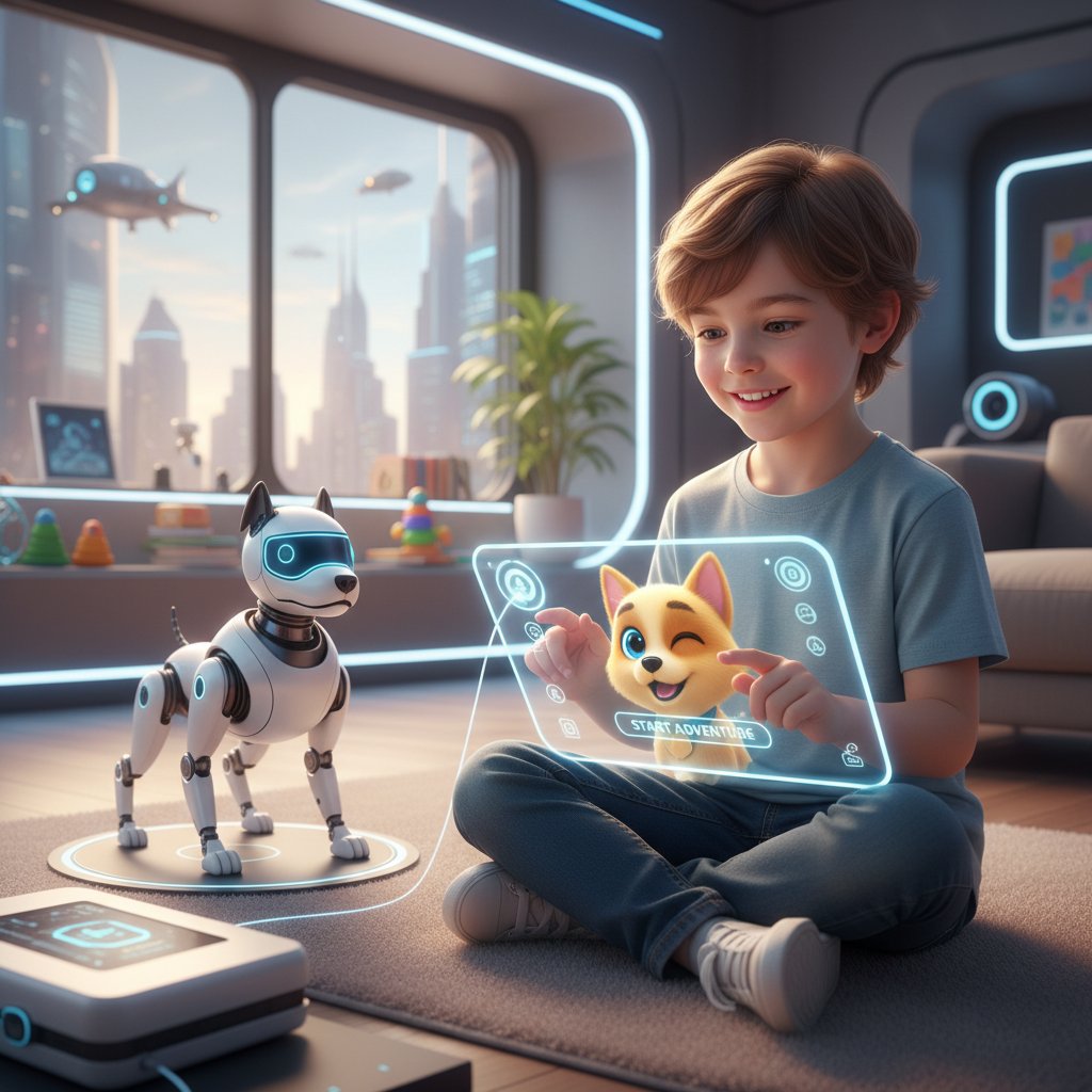 Dziecko rozpoczynające zabawę z nowym pieskiem AI przy komputerze