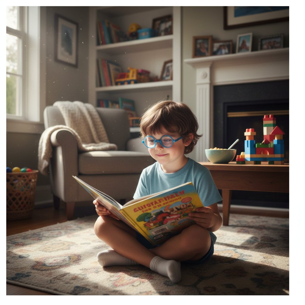 Dziecko w okularach z zezem, skupione na książce w domu, obraz oddający trudności przy czytaniu