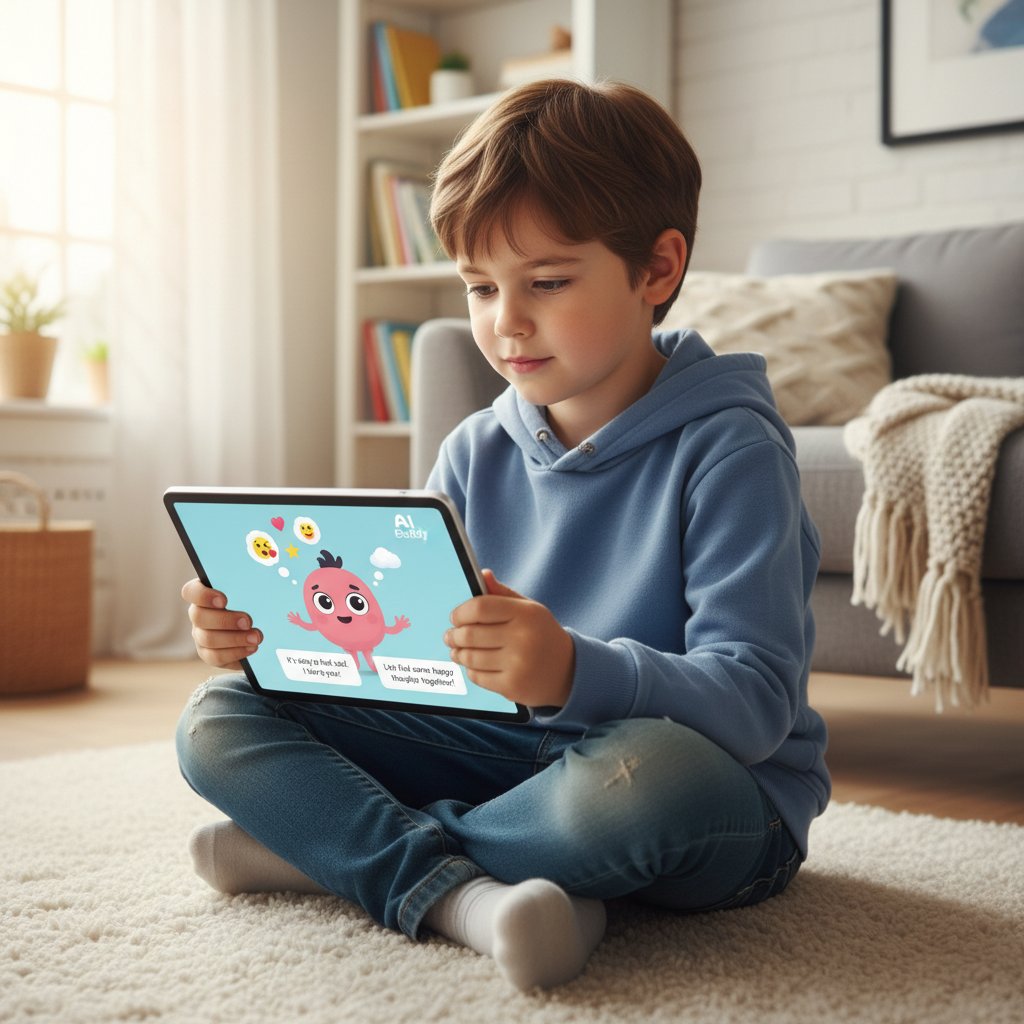 Dziecko korzystające z tabletu i aplikacji AI dedykowanej wsparciu emocjonalnemu