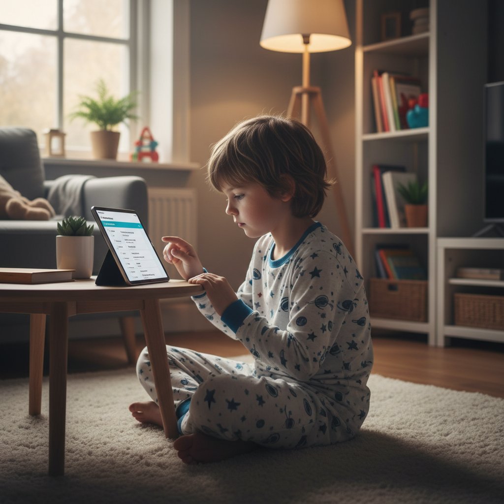 Dziecko korzystające z tabletu podczas zdalnej oceny mowy w domowym zaciszu, atmosfera skupienia