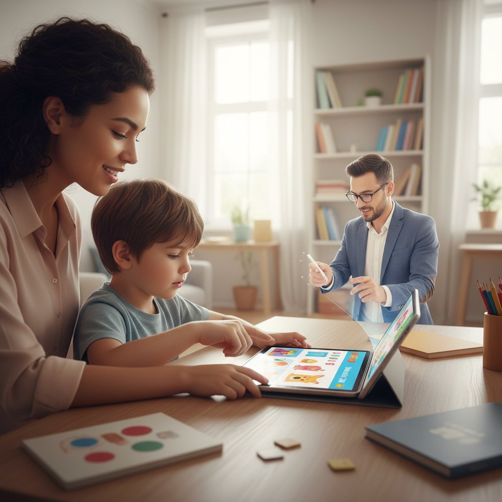 Dziecko korzysta z tabletu, w tle rodzic i nauczyciel, symbolizując hybrydowy model edukacji