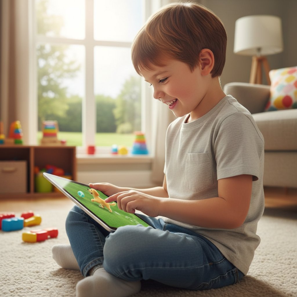 Dziecko bawiące się na tablecie z wirtualnym psem, skupienie i radość na twarzy