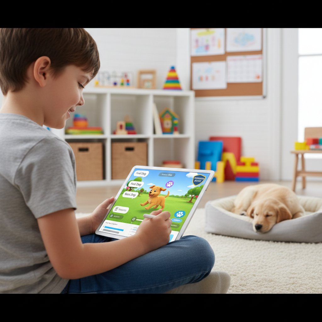 Dziecko opiekujące się wirtualnym psem na ekranie tabletu – nauka przez zabawę i symulacja odpowiedzialności