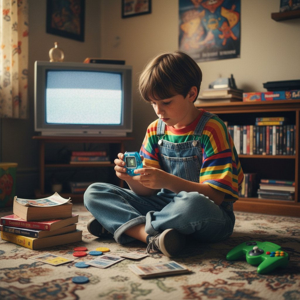 Dziecko trzymające klasyczne Tamagotchi, nostalgia lat 90., jasne kolory