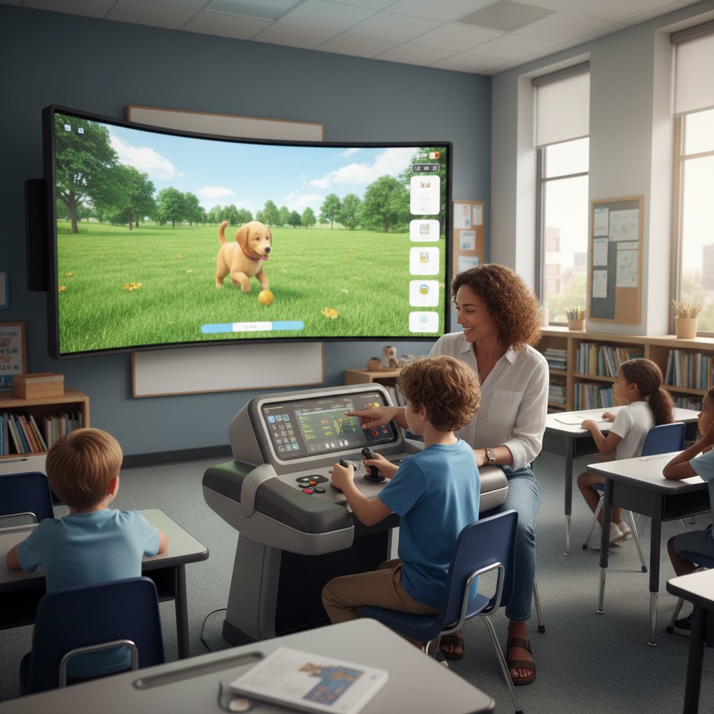 Dziecko z nauczycielem korzystające z symulatora psa na dużym ekranie podczas lekcji