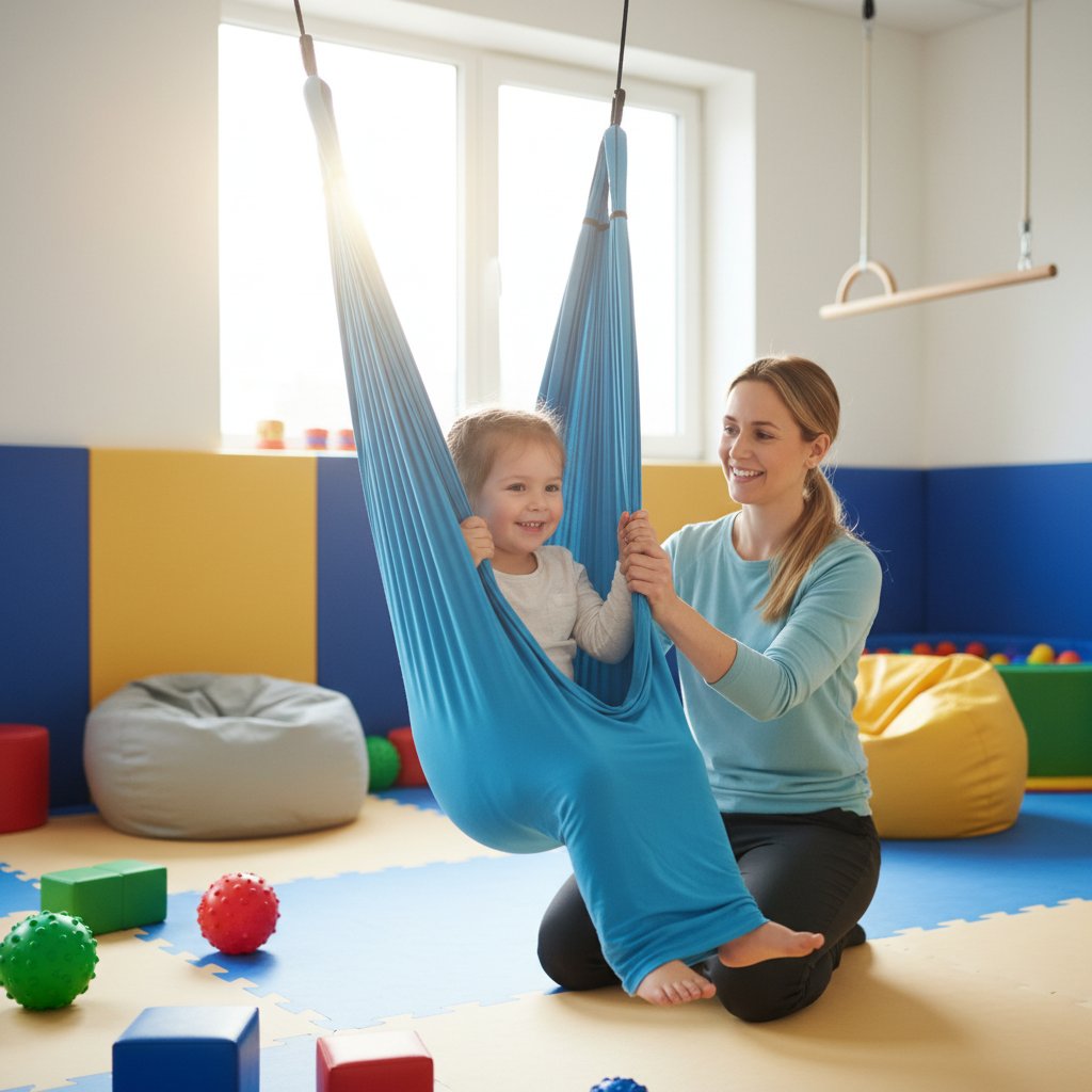 Dziecko ćwiczące na huśtawce terapeutycznej podczas sesji SI, terapeuta nadzoruje ruchy