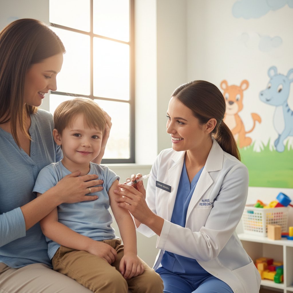 Małe dziecko podczas szczepienia, uśmiechnięte pielęgniarka, rodzic wspiera