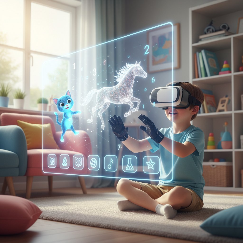 Dziecko bawiące się grą o opiece nad wirtualnym kotem lub koniem, nauka i zabawa