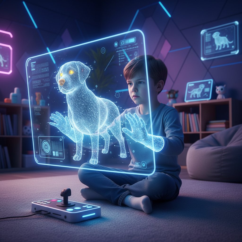 Dziecko i wirtualny pies przy ekranie, widoczne skupienie i zaangażowanie