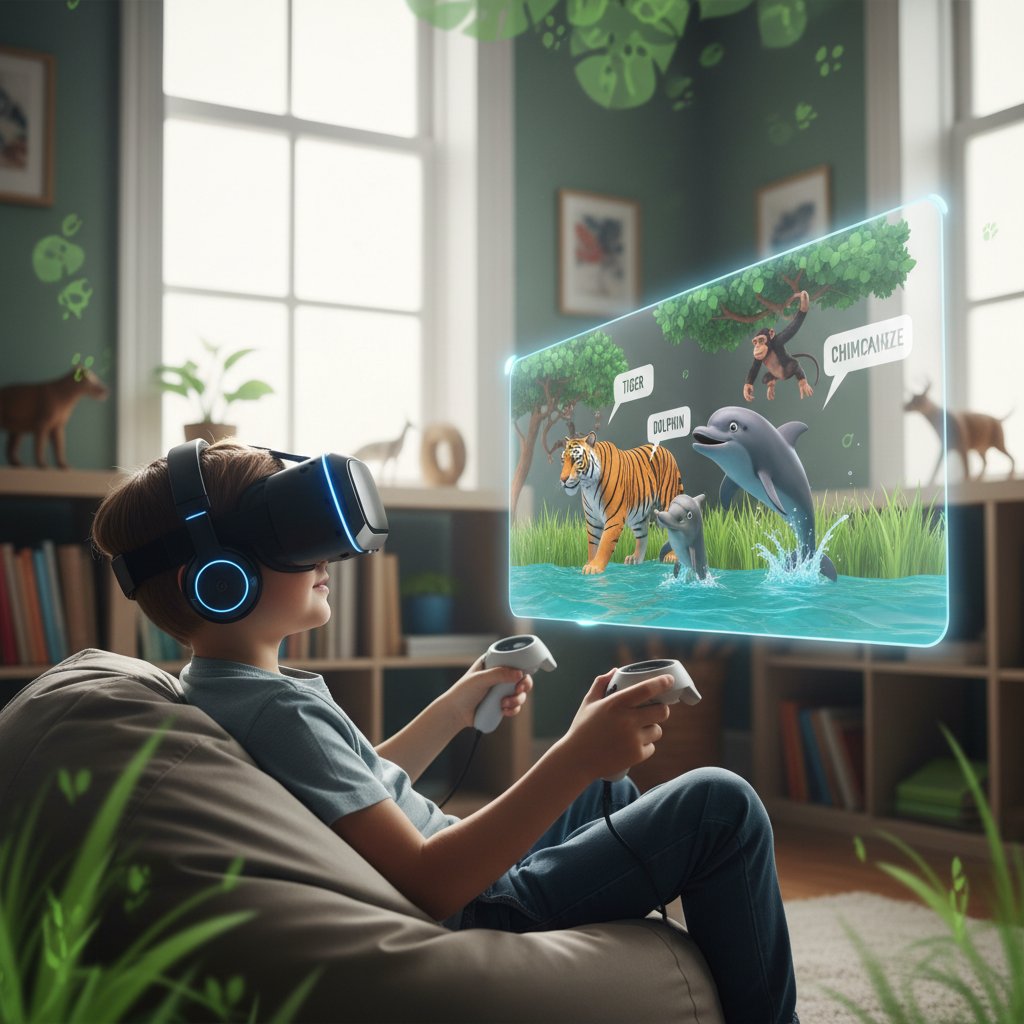 Dziecko w okularach VR uczące się o zwierzętach w wirtualnym środowisku