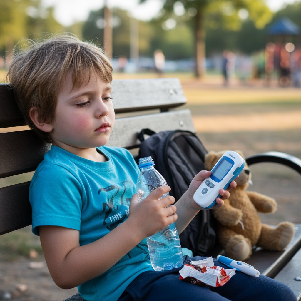 Dziecko z cukrzycą typu 1 trzymające butelkę wody i glukometr