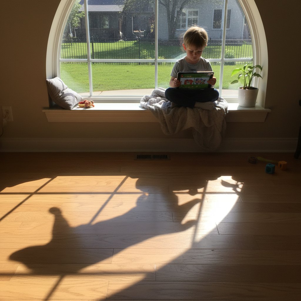 Symboliczna scena: dziecko patrzące przez okno z tabletem i cieniem psa na ścianie