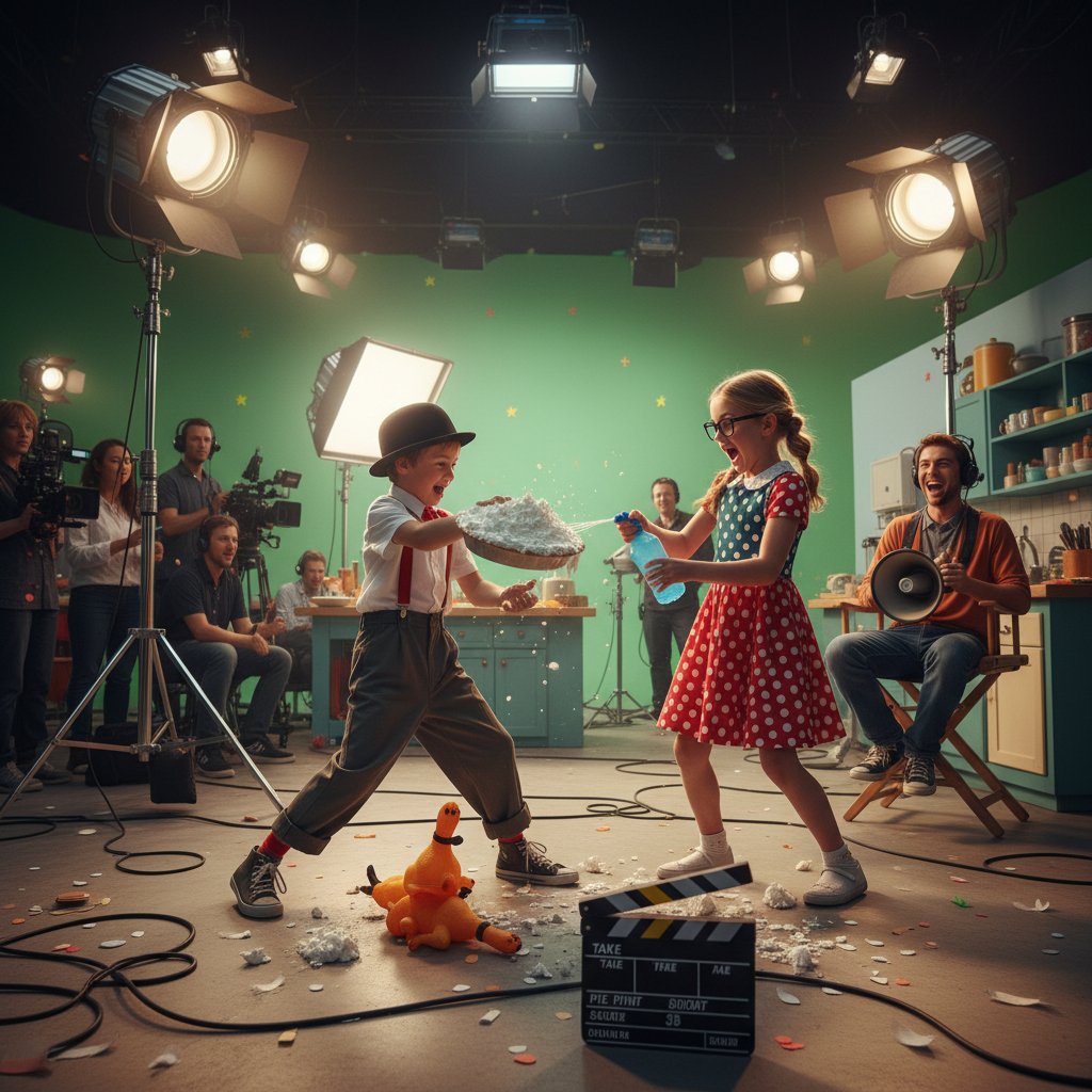 Young actors in a slapstick comedy moment on set, demonstrating physical humor in movie kids comedy cinema