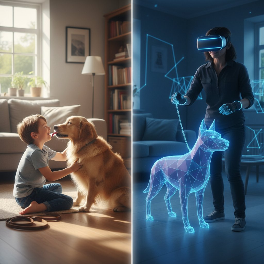 Kind und Erwachsener vergleichen echten und virtuellen Hund, illustrativer Alltagsvergleich