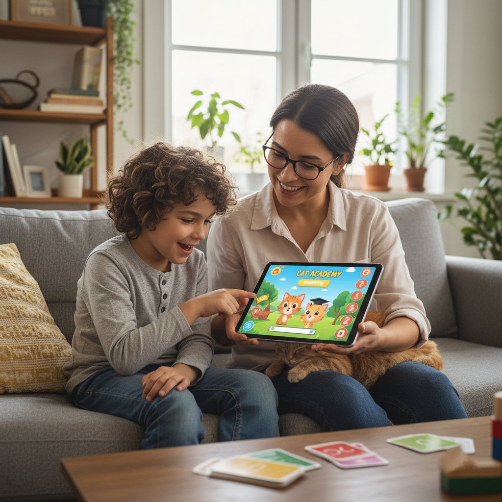 Dziecko i dorosły grają razem w edukacyjną grę z kotkiem na tablecie. Słowa kluczowe: edukacja, gry z kotkami, nauka empatii