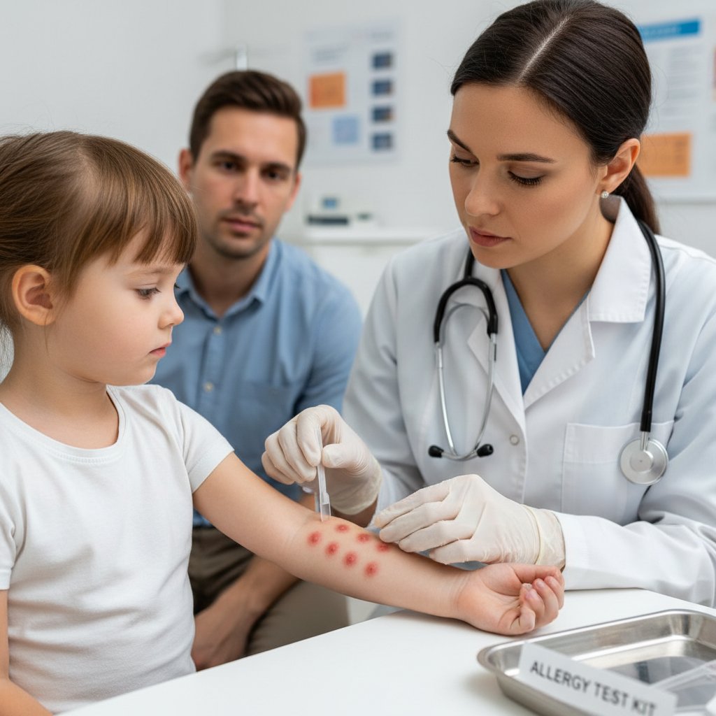 Dziecko z alergią skórną poddawane badaniu przez lekarza alergologa