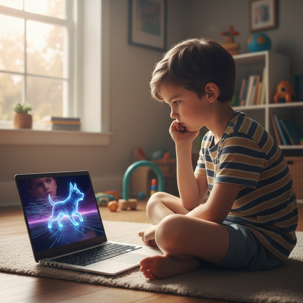 Dziecko siedzące samotnie z laptopem, na ekranie piesek AI, atmosfera zadumy