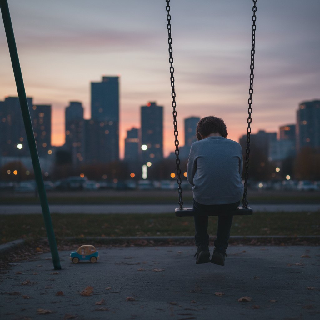 Samotne dziecko na placu zabaw w świetle zachodzącego słońca – obrazujący okres latencji i introspekcję