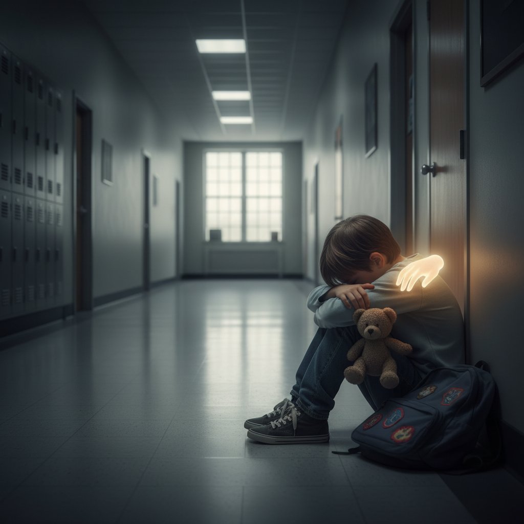 Dziecko siedzące samotnie w pokoju, patrzące na ekran laptopa, ilustracja tematu wsparcia emocjonalnego online