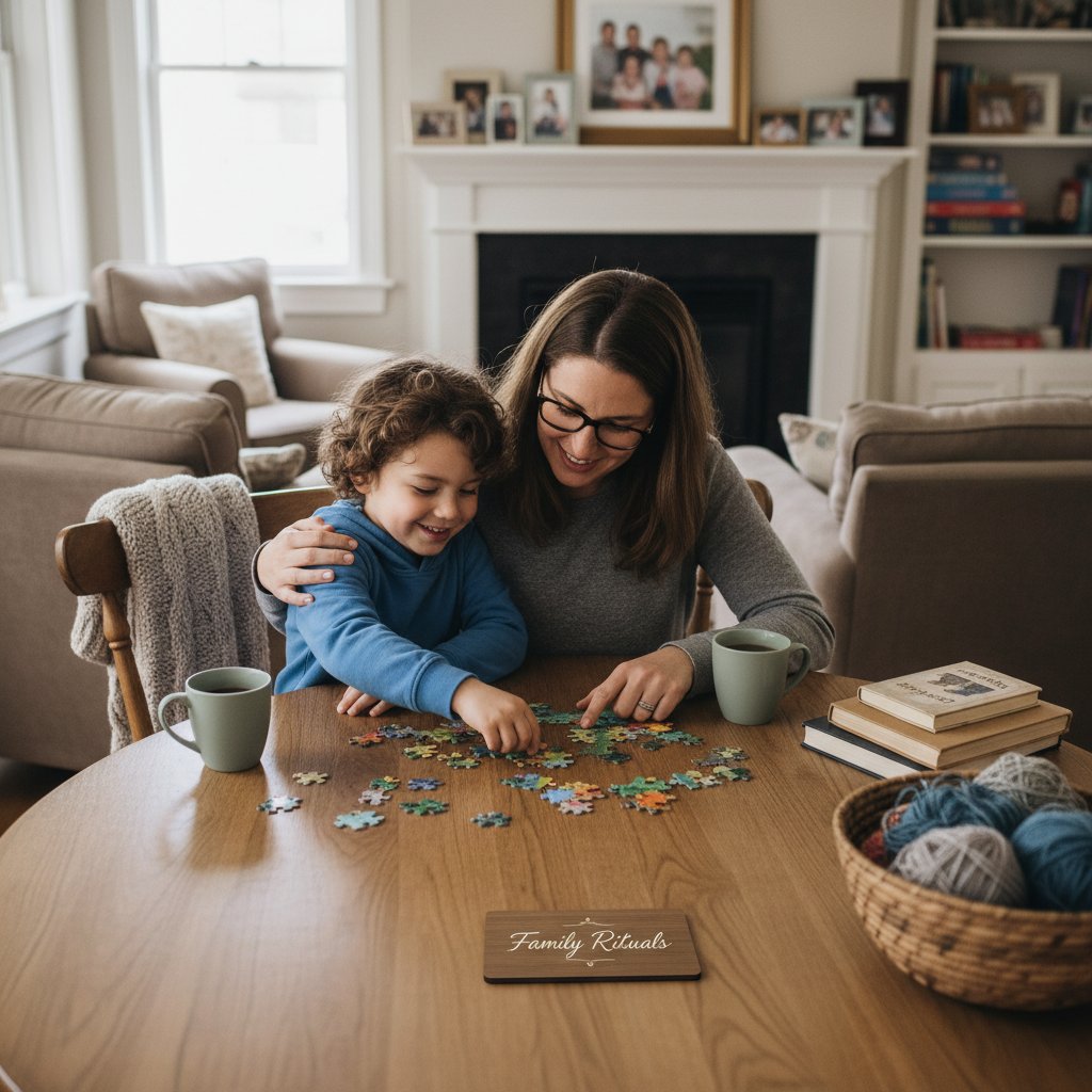 Dziecko i rodzic przy stole układają wspólnie puzzle, klimat rodzinnego rytuału