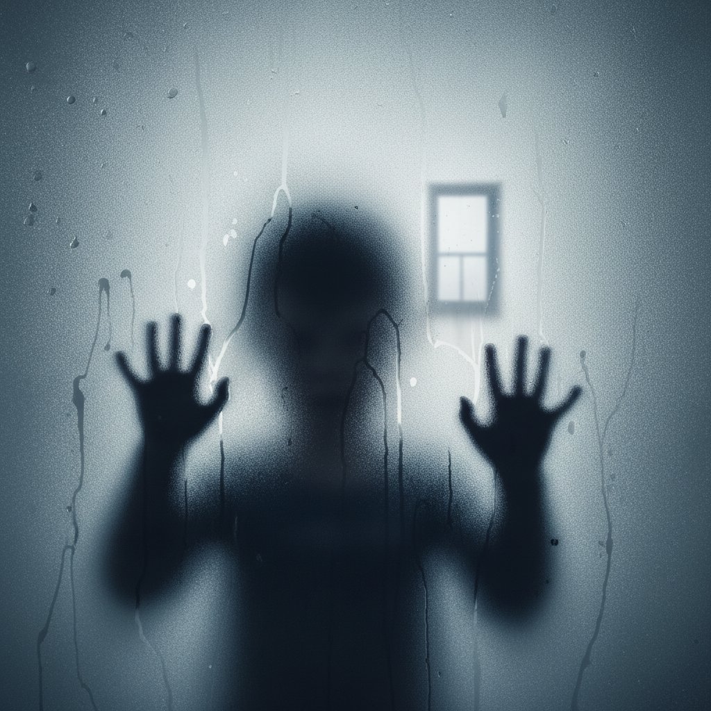 Dziecko za matową szybą symbolizujące psychologiczne skutki nadmiernej kontroli rodzicielskiej i brak zaufania