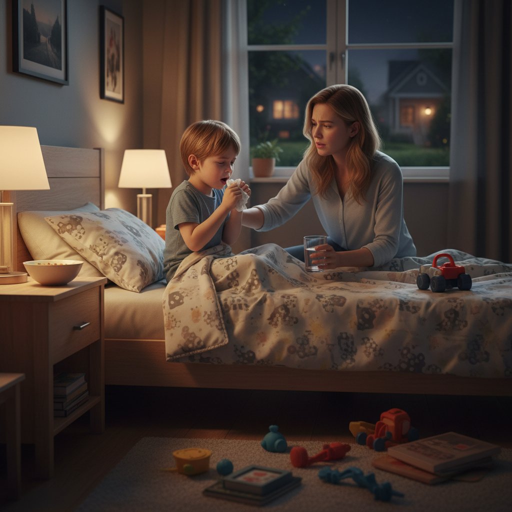 Dziecko kaszlące i trzymające się za gardło w domowym otoczeniu, zaniepokojona matka