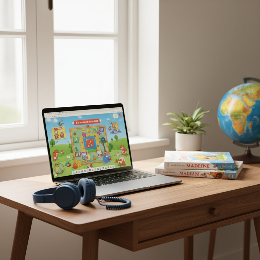 Biurko dziecka do nauki francuskiego online – laptop, słuchawki, materiały