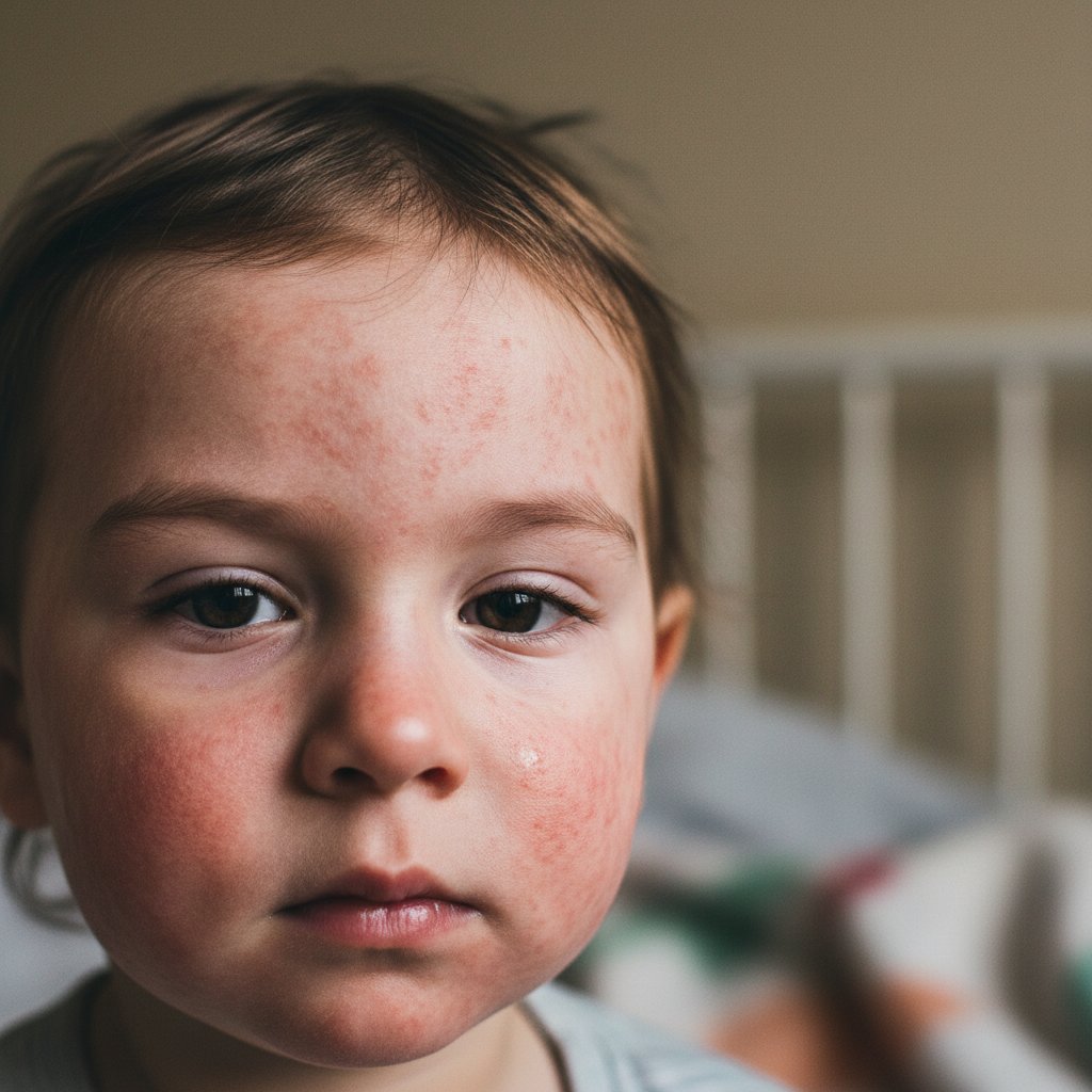 Skala problemu atopowego zapalenia skóry u dzieci – portret dziecka z widoczną zmianą na policzku, zdjęcie dokumentalne