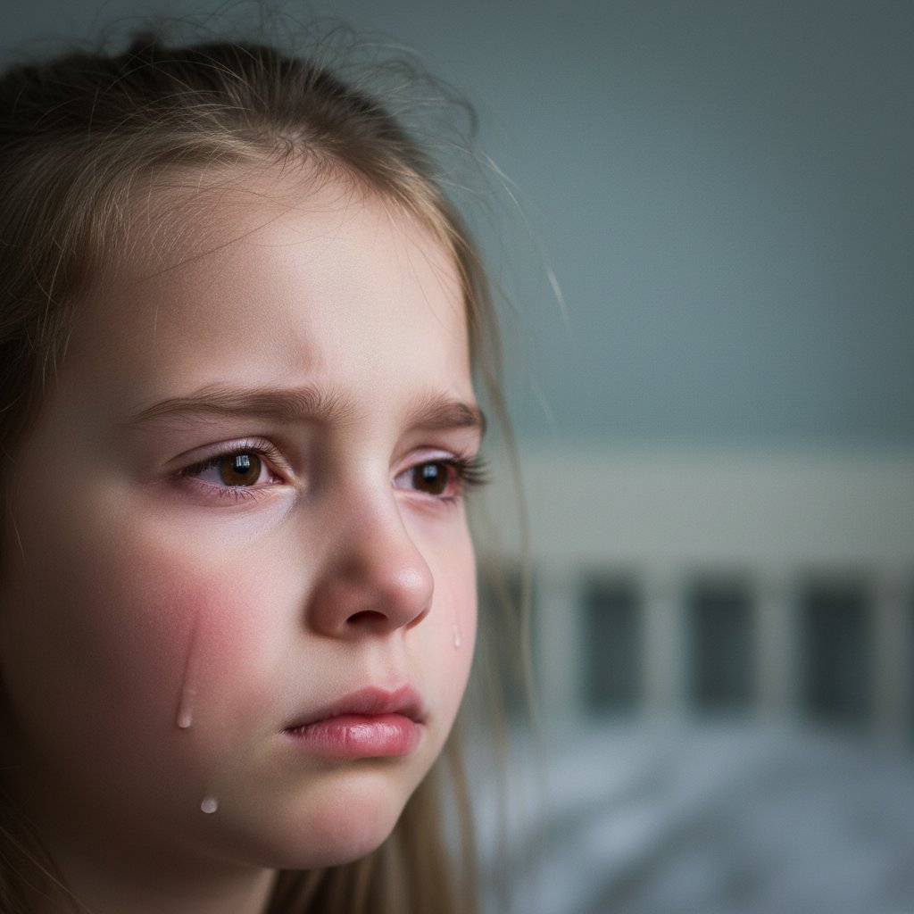 Zbliżenie na twarz dziecka z wyraźnym niepokojem i lękiem
