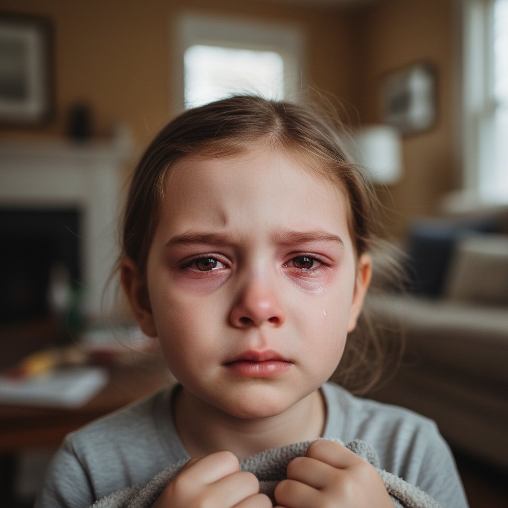 Twarz dziecka z obrzękami wokół oczu, wyraźna niepewność, domowa sceneria