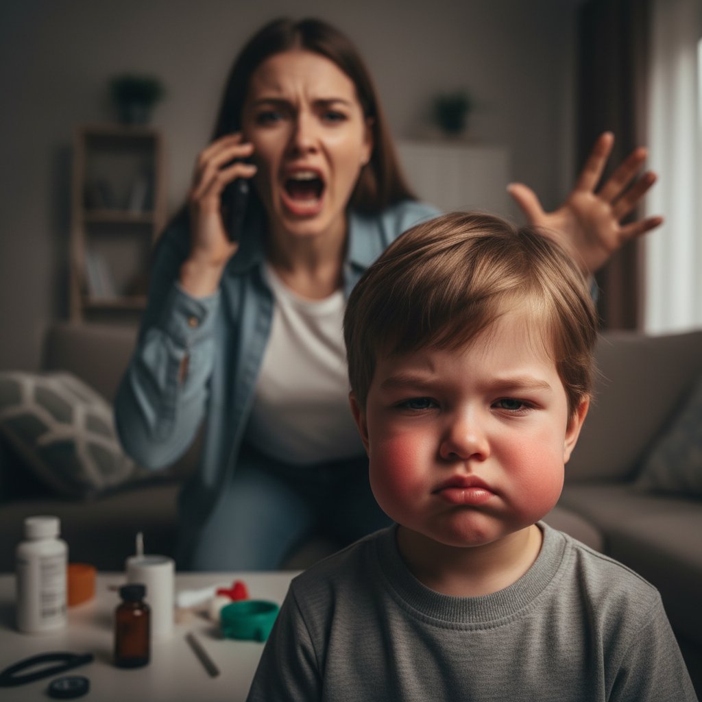 Dziecko z obrzękiem twarzy i dusznością, matka wzywa pomoc w domu, objawy anafilaksji