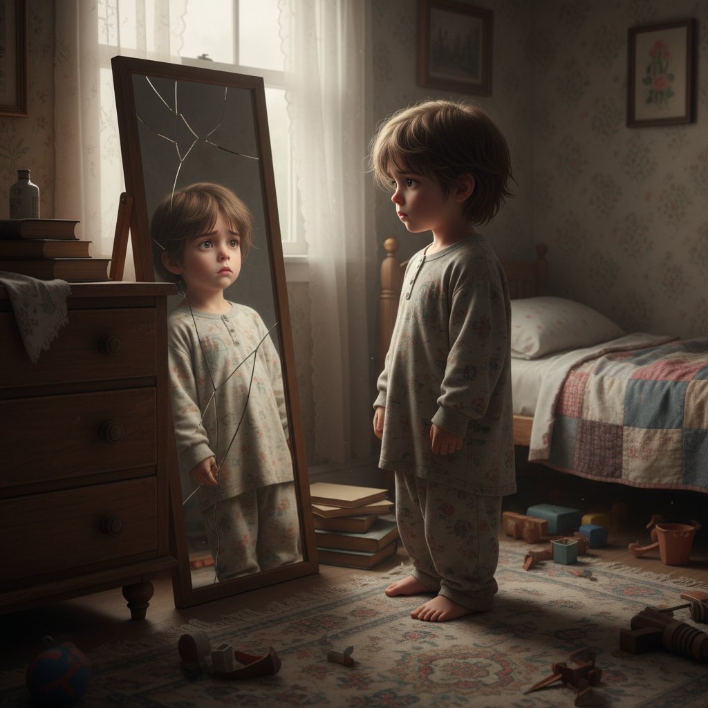 Child gazing at broken mirror movie loss innocence theme