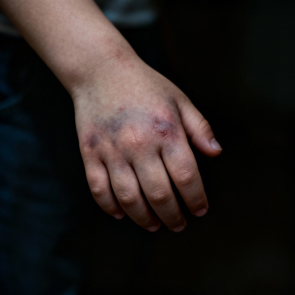 Zbliżenie na dziecięcą dłoń z siniakami, symbolizującą przemoc wobec dzieci w Polsce