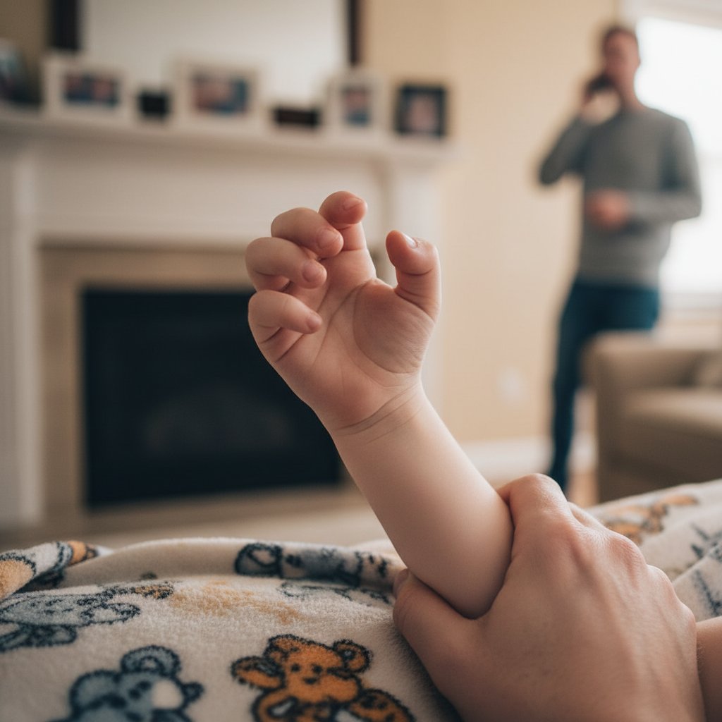 Zdjęcie zbliżenia drżącej ręki dziecka na tle domowego pokoju – drgawki u dzieci