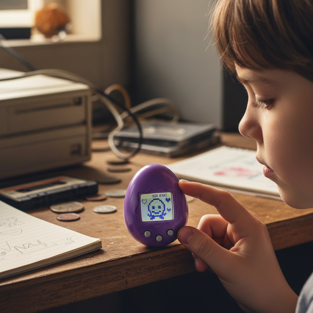 Vintage-Foto eines Tamagotchi in Kinderhand, 90er Jahre, emotionale Bindung, Ursprünge der digitalen Tiere