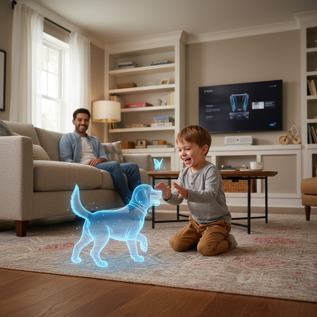 Dziecko patrzy z uśmiechem na ekran z pieskiem AI, rodzic w tle obserwuje z zainteresowaniem