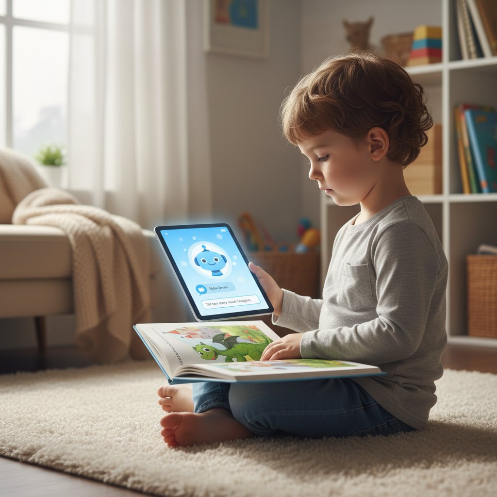 Dziecko korzystające jednocześnie z książki i tabletu z AI