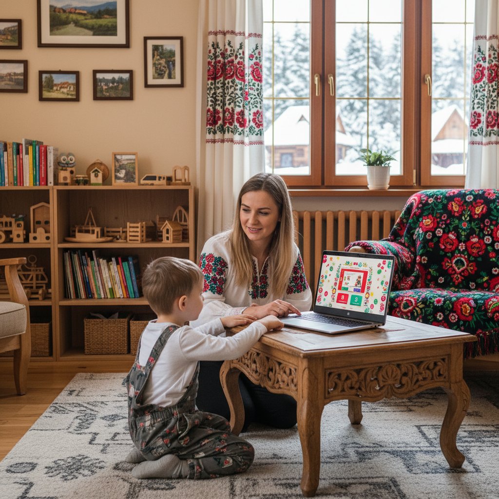 Dziecko w domowym zaciszu podczas zdalnej terapii logopedycznej, komputer na biurku, polskie akcenty