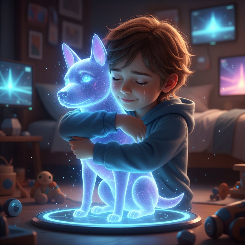 Dziecko przytula wirtualnego psa na ekranie – emocjonalna więź online