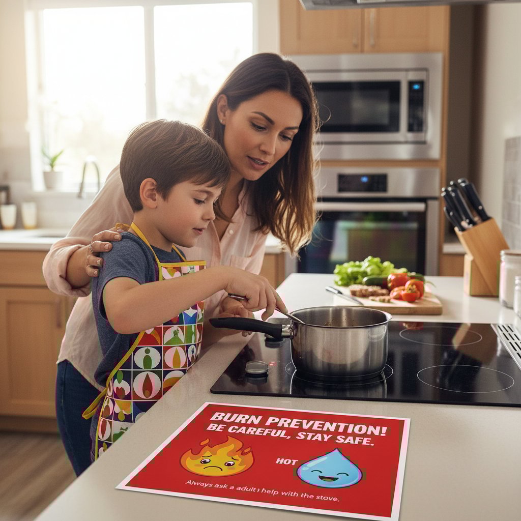 Dziecko przy kuchni, rodzic demonstruje bezpieczne korzystanie z czajnika, edukacja domowa