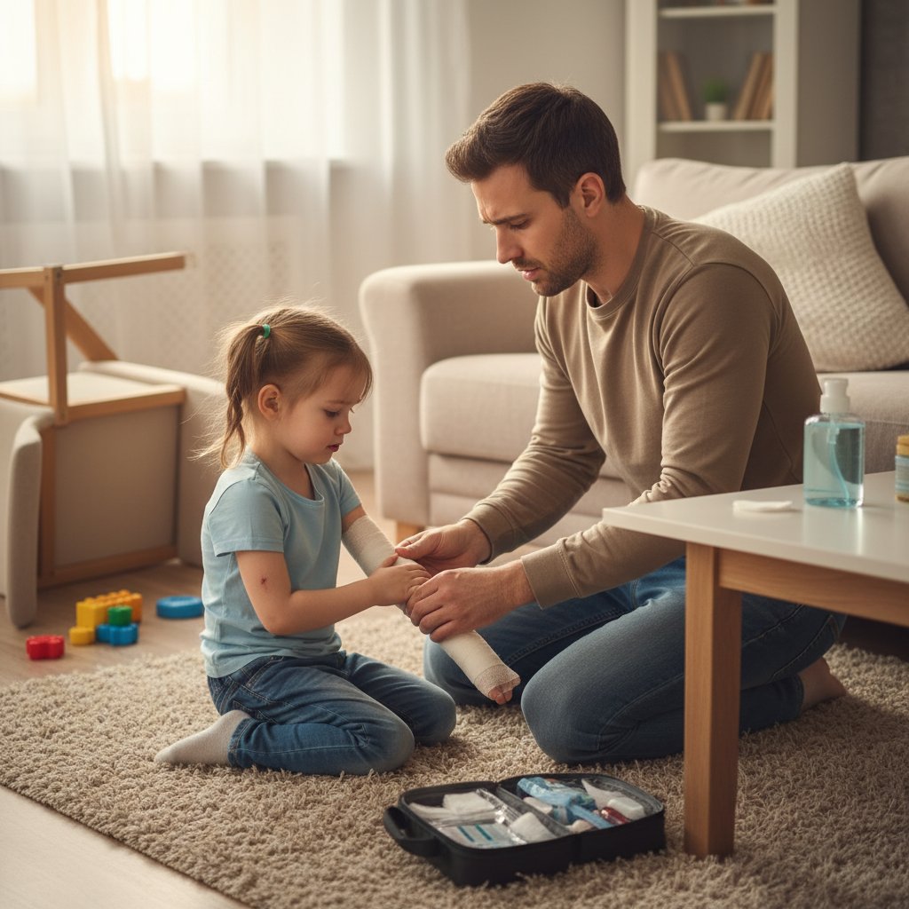 Dziecko z opatrunkiem, uraz domowy, pomoc dorosłego – niuanse postępowania