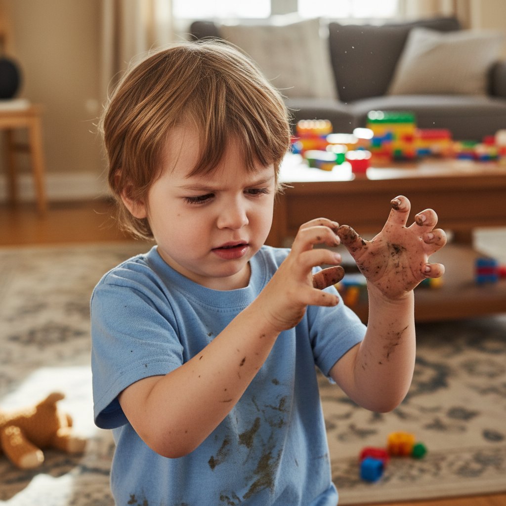 Dziecko z podrażnioną skórą dłoni, wyraz twarzy zaniepokojony, tło rodzinne