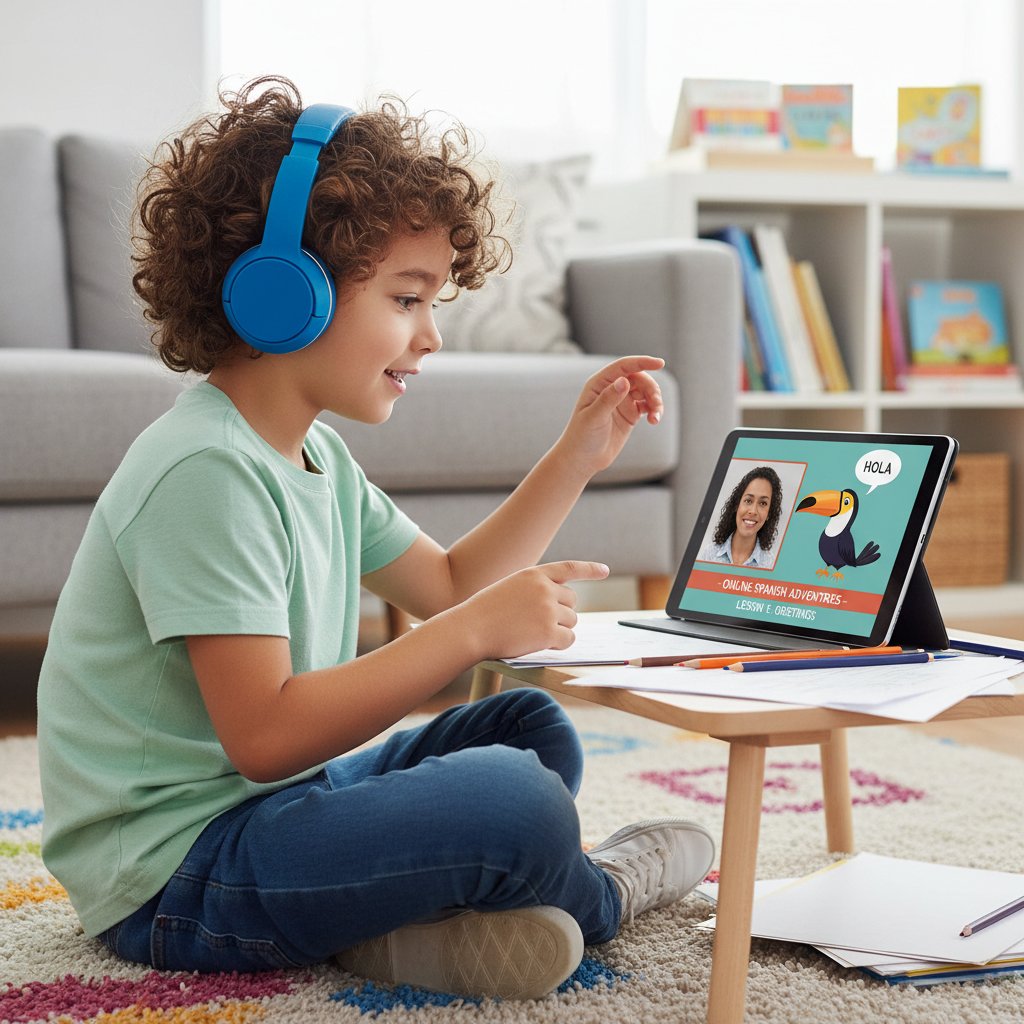 Uczeń podstawówki angażujący się w lekcję hiszpańskiego online na laptopie, w słuchawkach